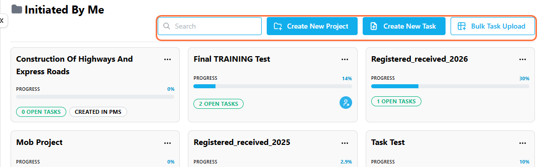 Create project create task bulk upload and search options