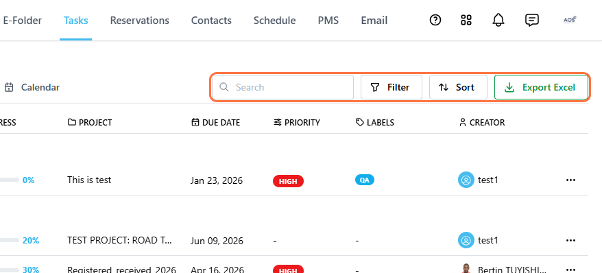 Assigned To Me search filter sort and export options